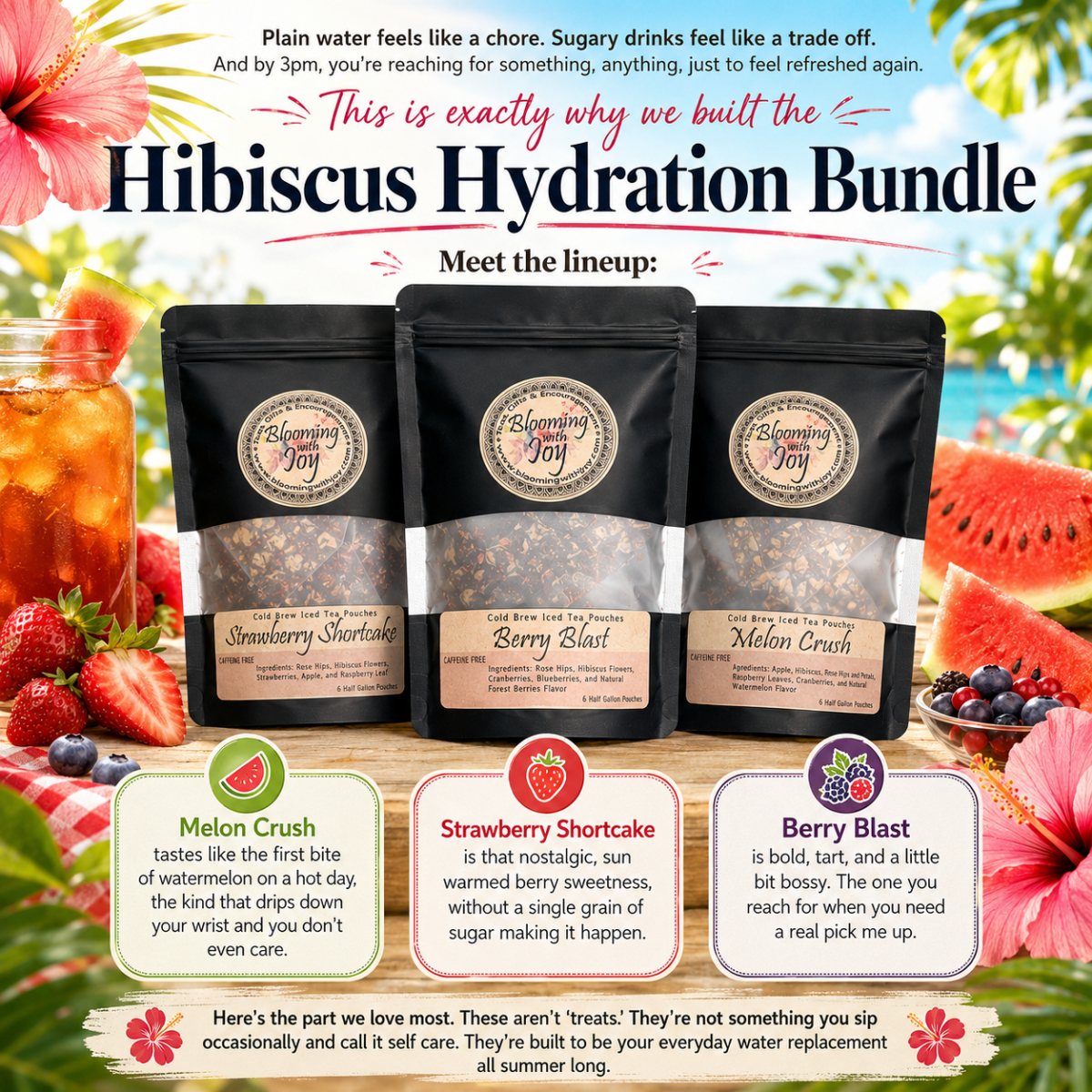 Hibiscus Hydration Bundle | Cold Brew Loose Leaf Tea | 3 Flavors - Blooming With Joy Tea Co.