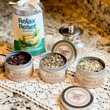 Relaxing tea gift set from Blooming with Joy on a linen surface