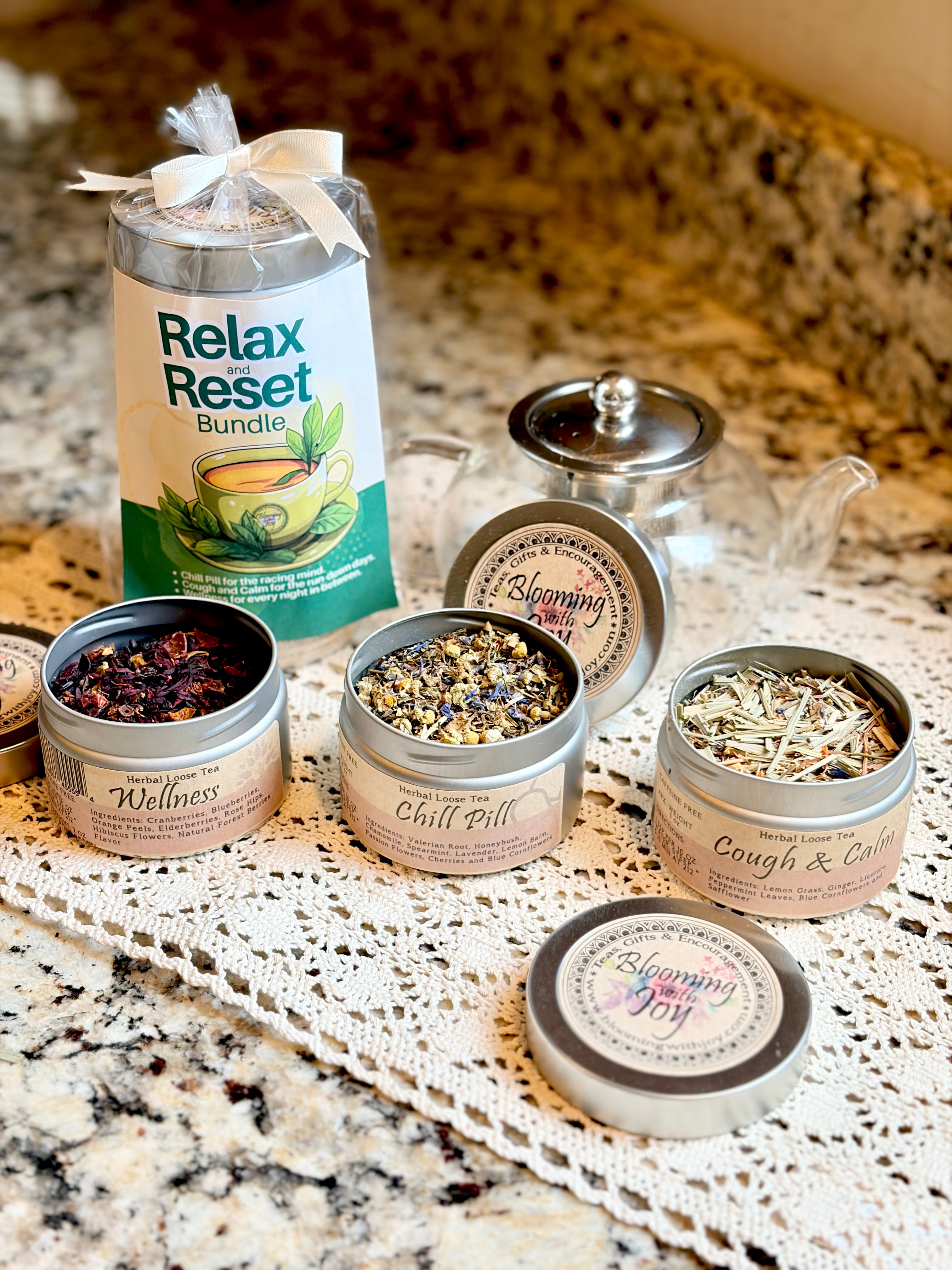 Relaxing tea gift set from Blooming with Joy on a linen surface