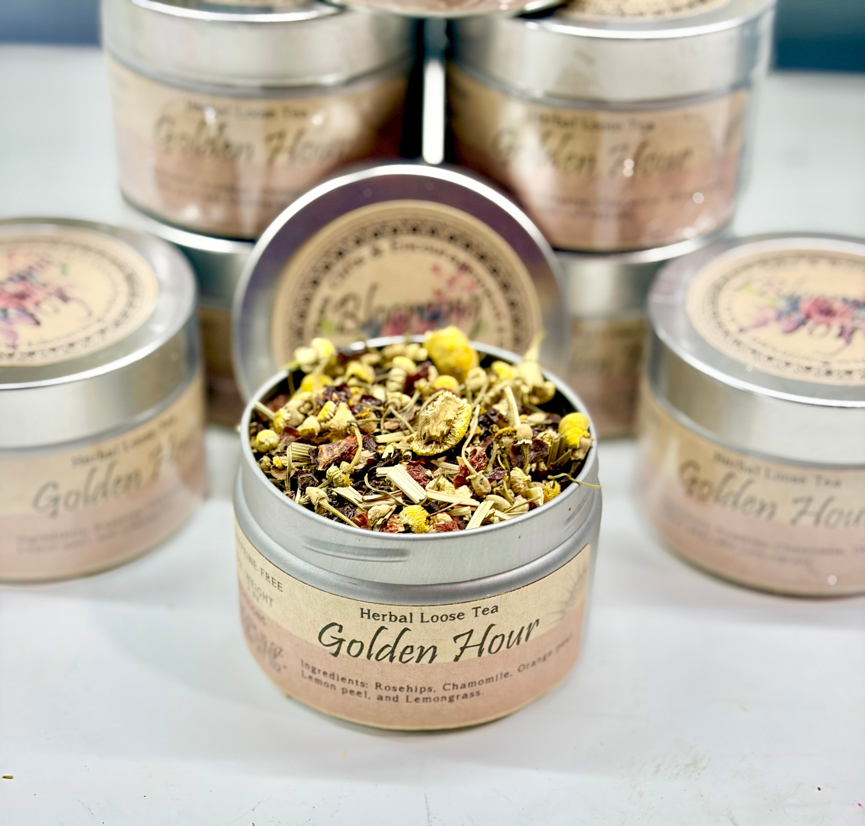Golden Hour caffeine free herbal tea with rosehips, chamomile, and citrus peel