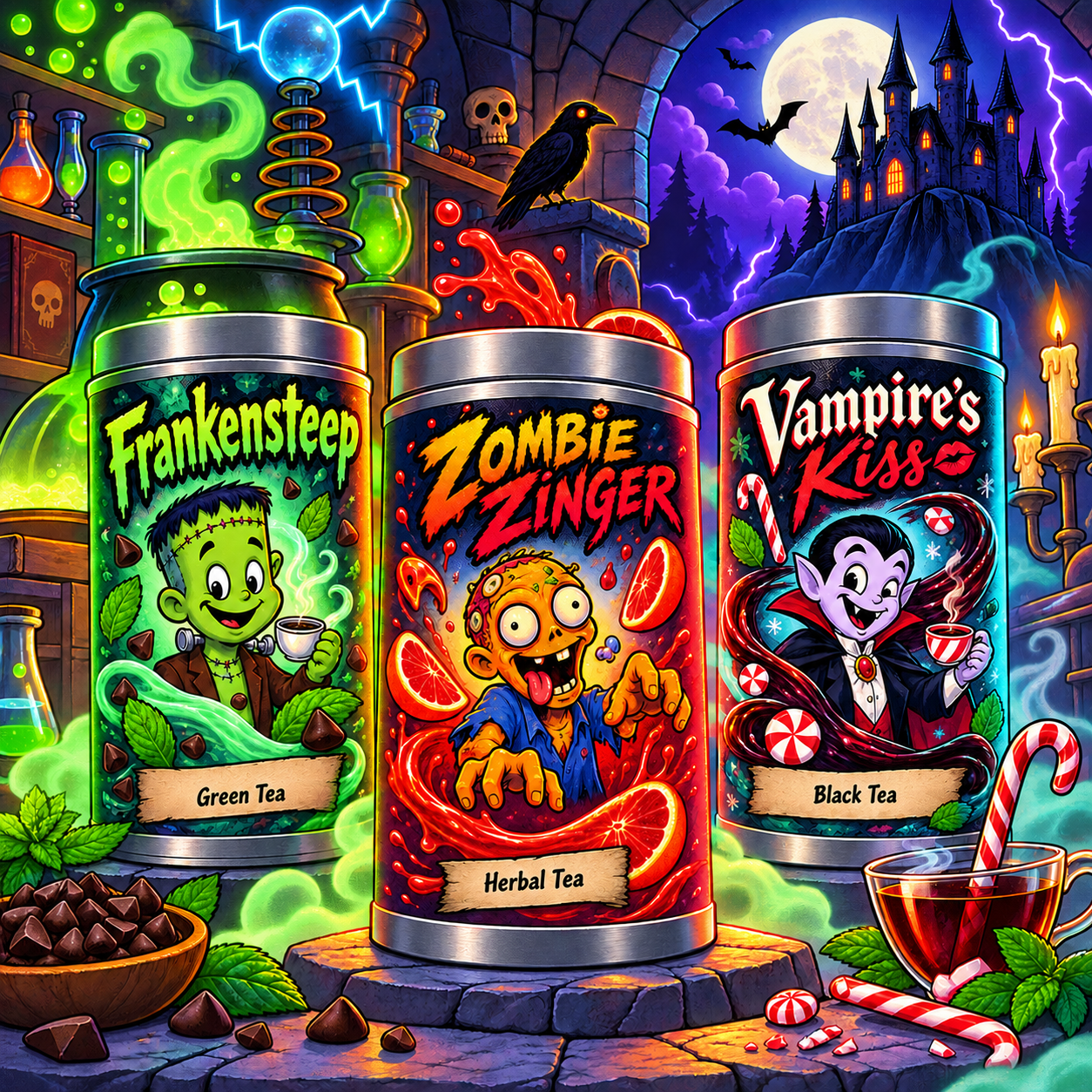 halloween tea, frankinsteep, zombie zinger, vampires kiss